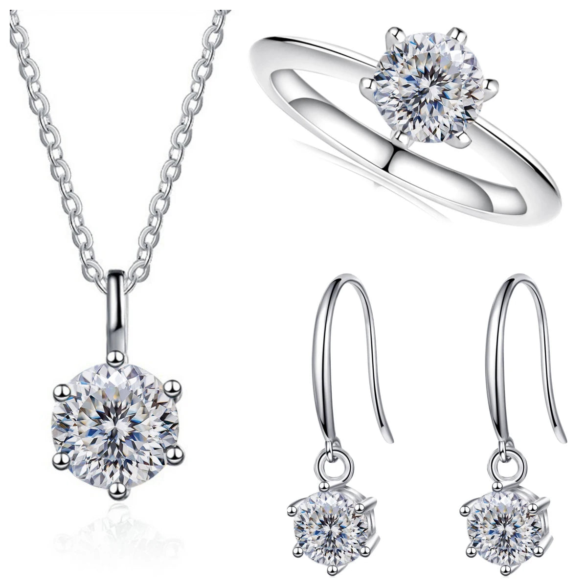 Colored Moissanite Necklace, Drop Earrings & Ring Set in Silver — White set detail
