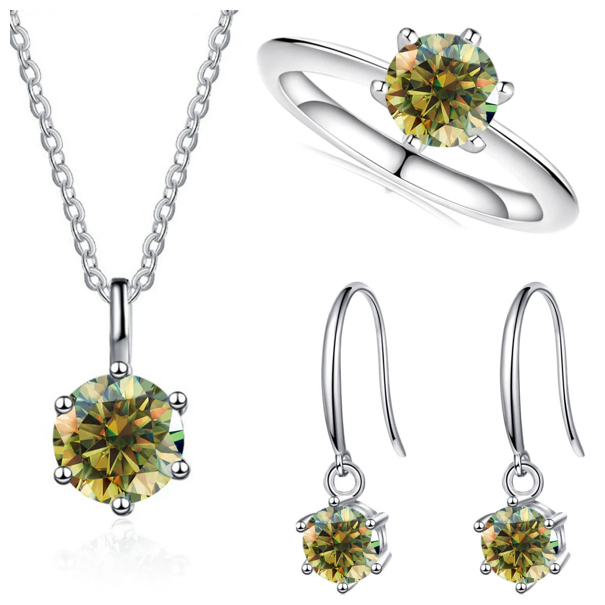 Colored Moissanite Necklace, Drop Earrings & Ring Set in Silver — Yellow green set