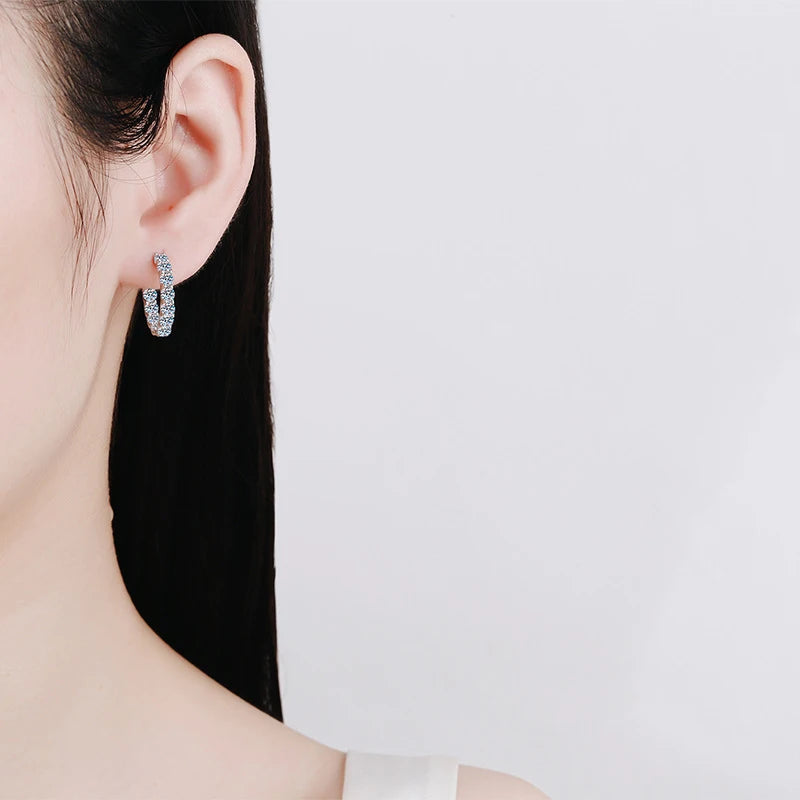 Round Moissanite Hoop Earrings in Plated Sterling Silver — Hoops worn