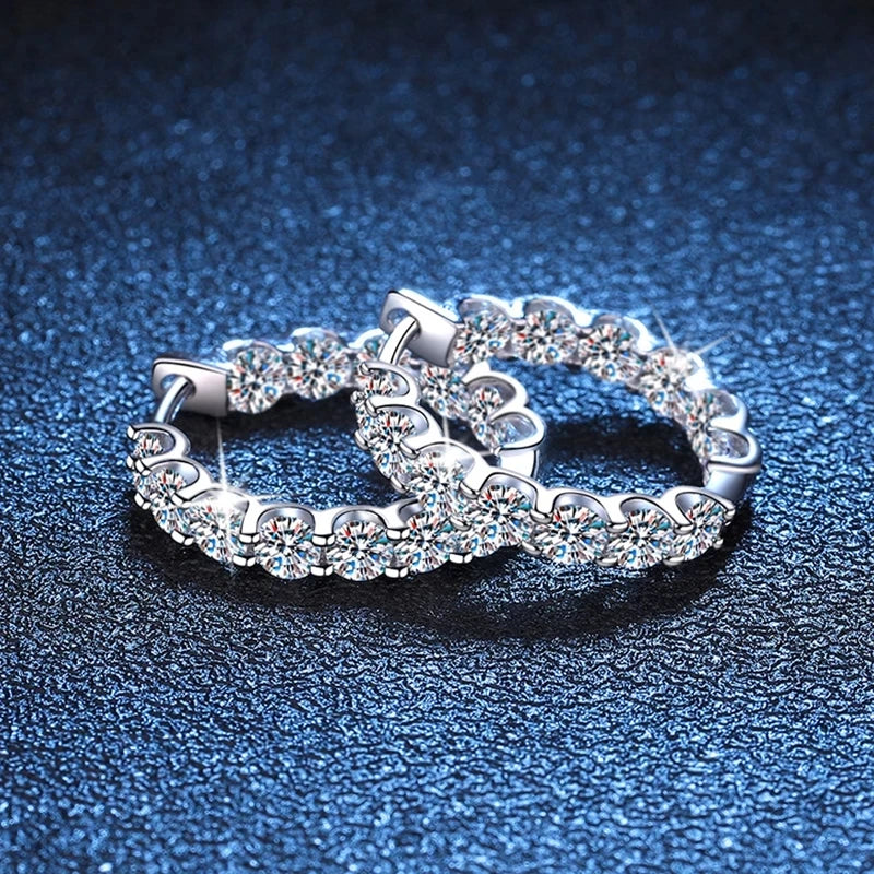 Round Moissanite Hoop Earrings in Plated Sterling Silver — Circular stone settings