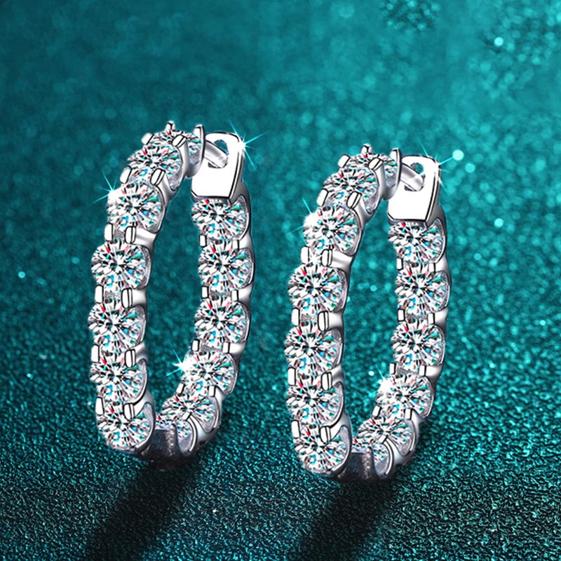 Round Moissanite Hoop Earrings in Plated Sterling Silver — Moissanite hoops on turquoise