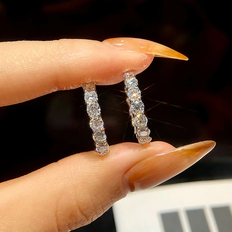 Round Moissanite Hoop Earrings in White Gold-Plated Silver — Pair on hand