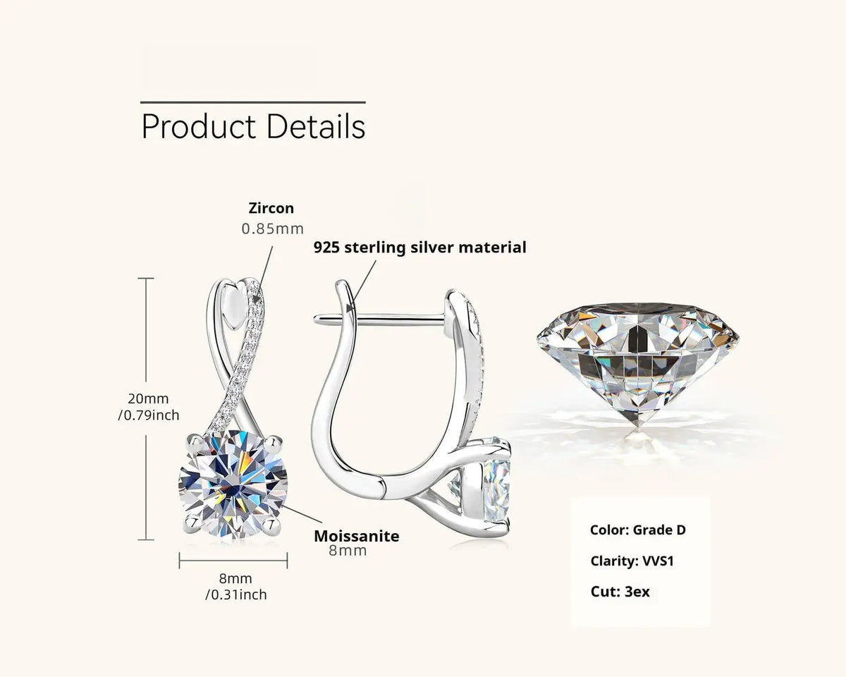 Moissanite Crossover Leverback Earrings in Sterling Silver — Earring dimensions and stone details — BandsCo Straps