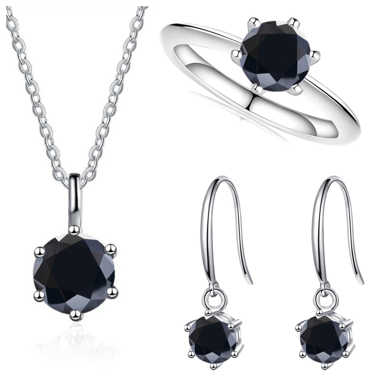 Colored Moissanite Necklace, Drop Earrings & Ring Set in Silver — Black set