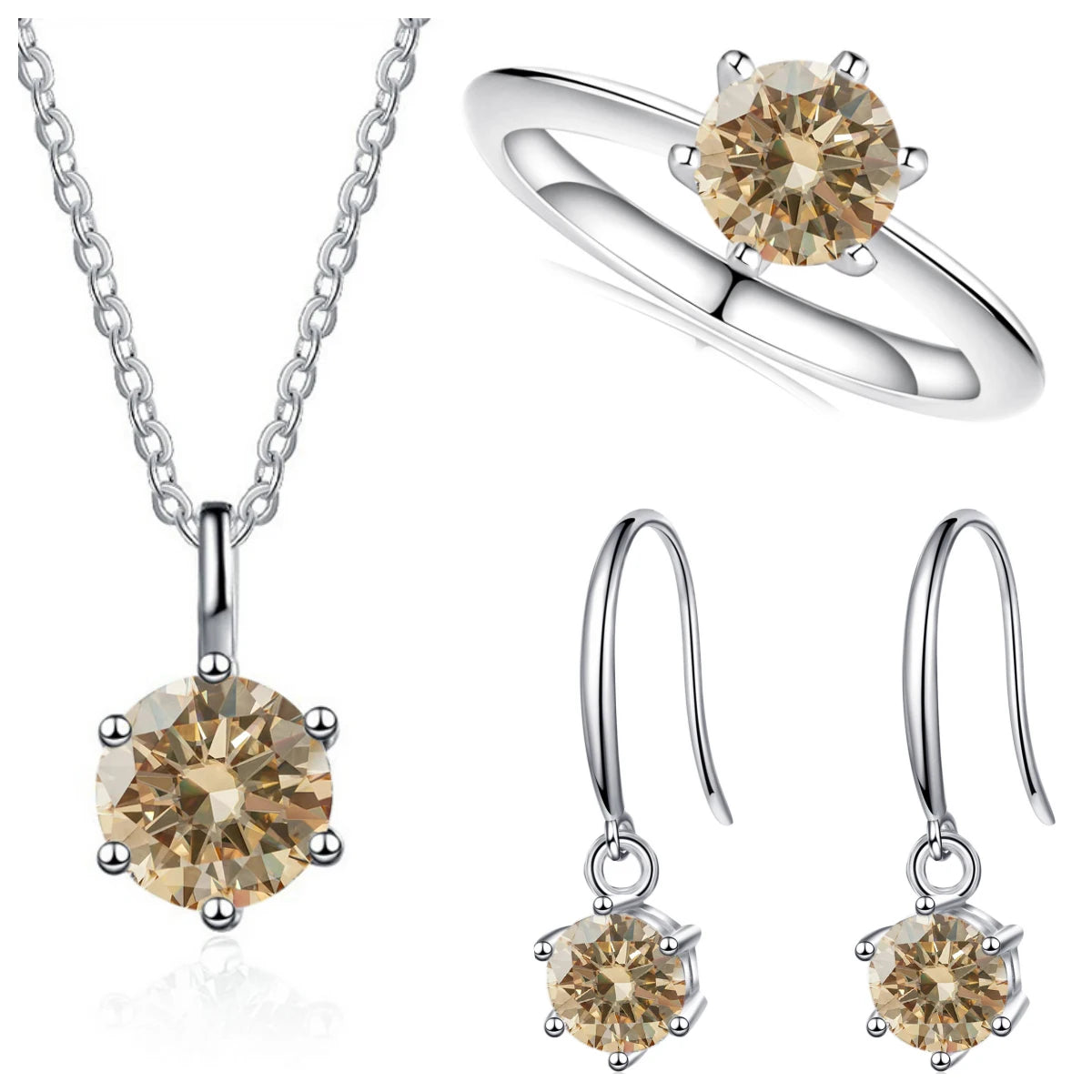 Colored Moissanite Necklace, Drop Earrings & Ring Set in Silver — Light yellow set