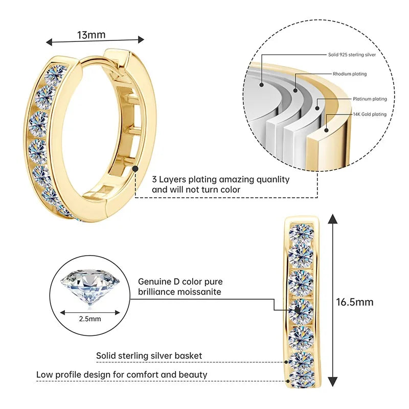 Moissanite Channel-Style Huggie Hoop Earrings in Silver — Gold-tone measurement guide