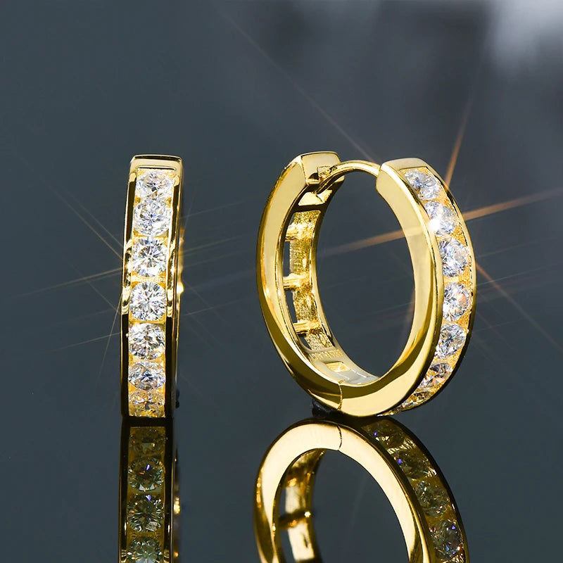 Moissanite Channel-Style Huggie Hoop Earrings in Silver — Gold-tone front and side