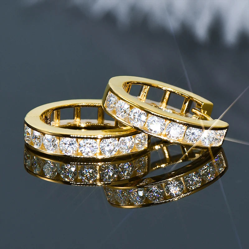 Moissanite Channel-Style Huggie Hoop Earrings in Silver — Gold-tone stone row detail