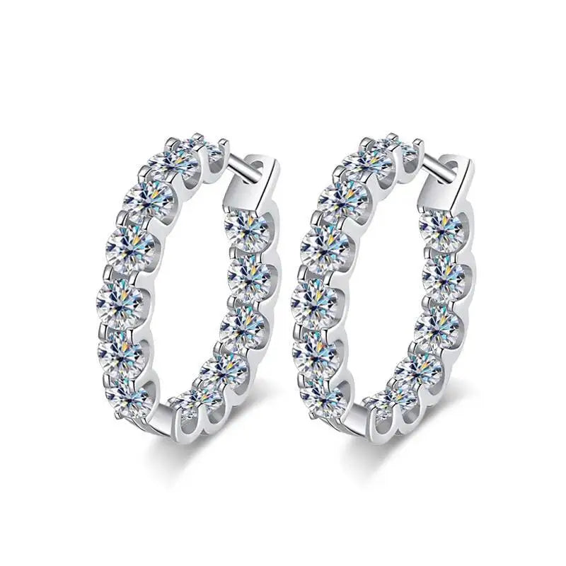Round Moissanite Hoop Earrings in Sterling Silver — Front and angled view