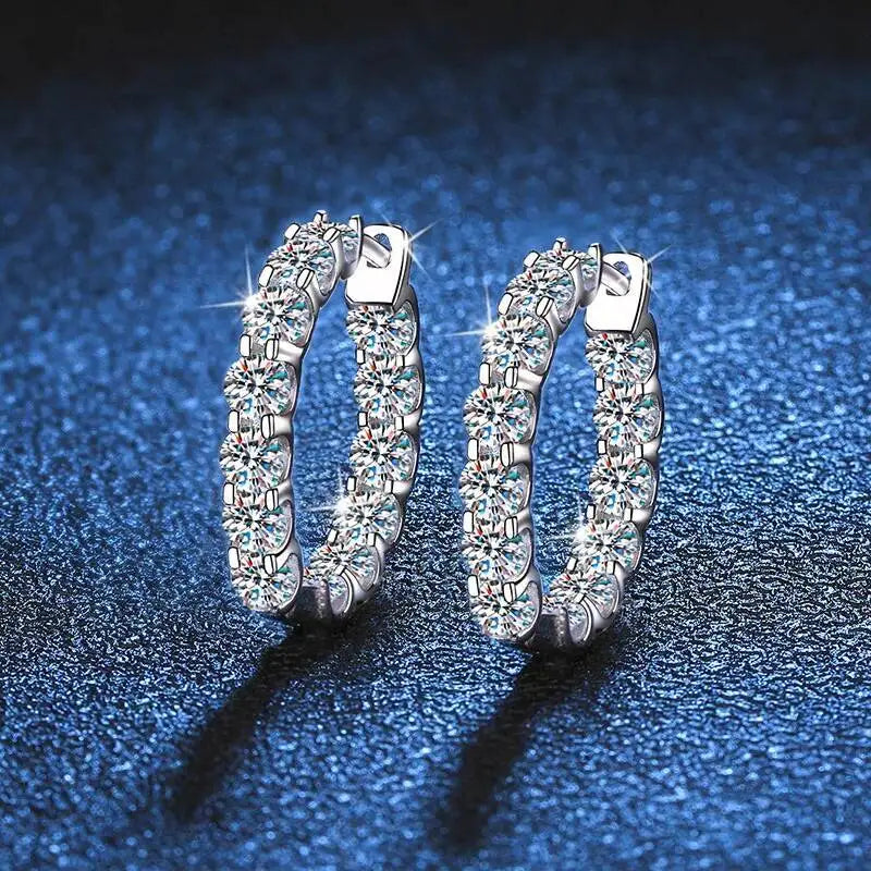 Round Moissanite Hoop Earrings in Sterling Silver — Stone-set hoop pair