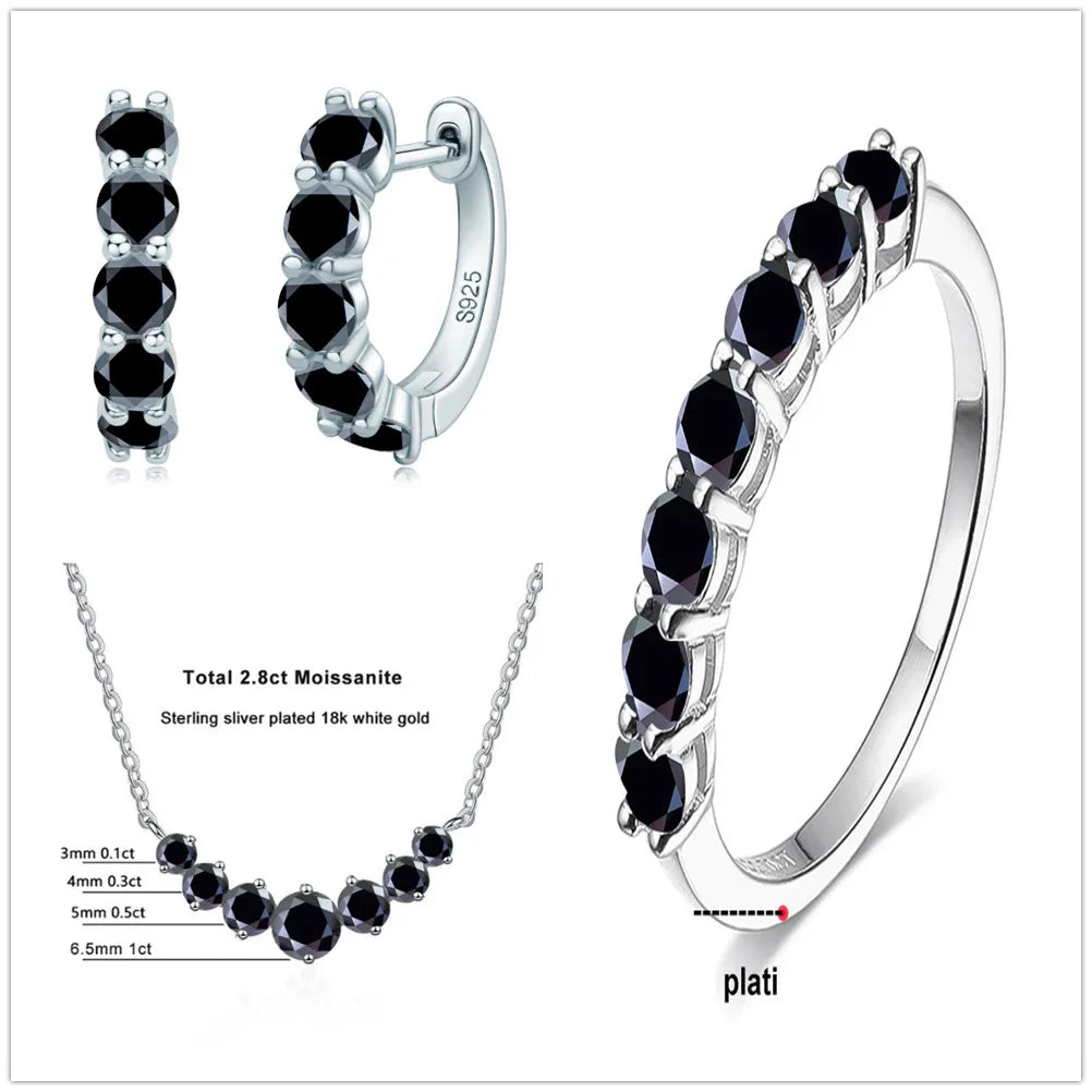 Moissanite Necklace, Hoop Earrings & Ring Jewelry Set — Black set