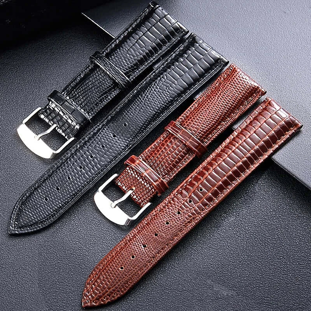Suunto Embossed Leather Buckle Band - Black and brown embossed leather comparison