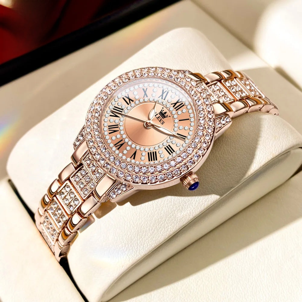 Women's Rose Gold-Tone Crystal Roman Numeral Watch — Rose Gold Tone / Crystal Ring Dial