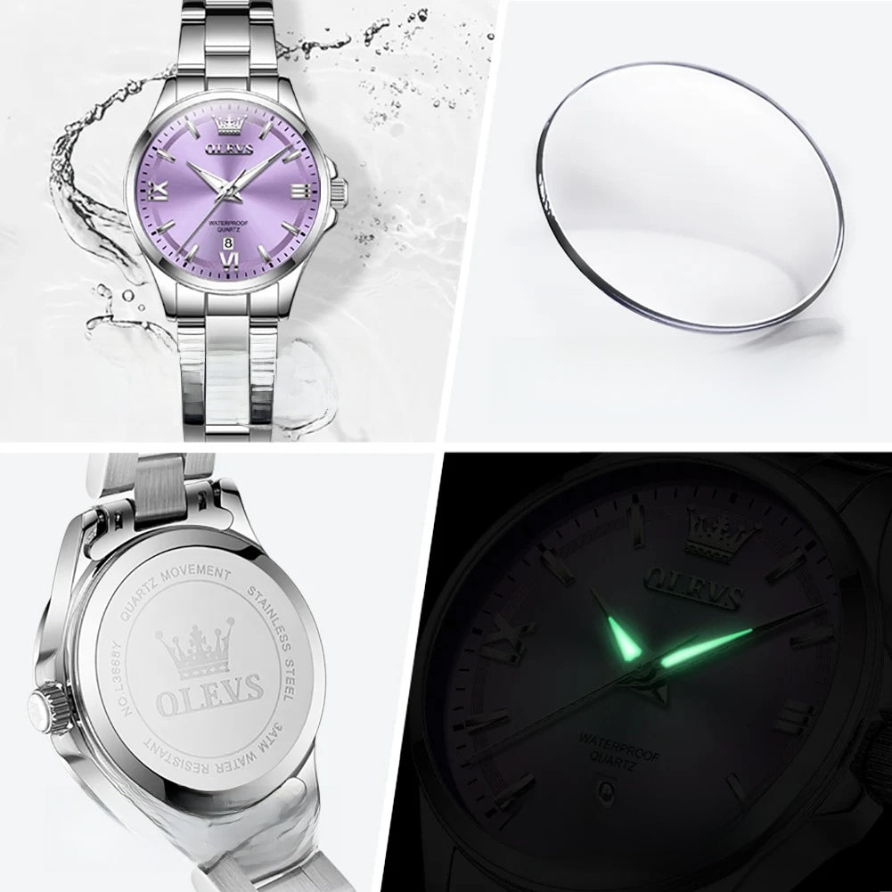 Women's Pastel Dial Stainless Steel Quartz Watch — Case and luminous-hand details — BandsCo Straps