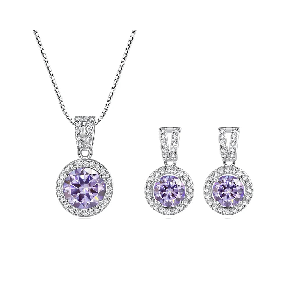 Colored Halo Moissanite Necklace & Drop Earrings Set in Silver — Light purple set