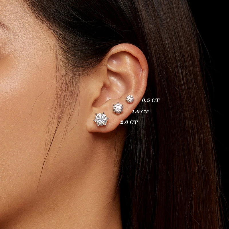 Round Moissanite Screw-Back Stud Earrings in Silver — Stone sizes worn