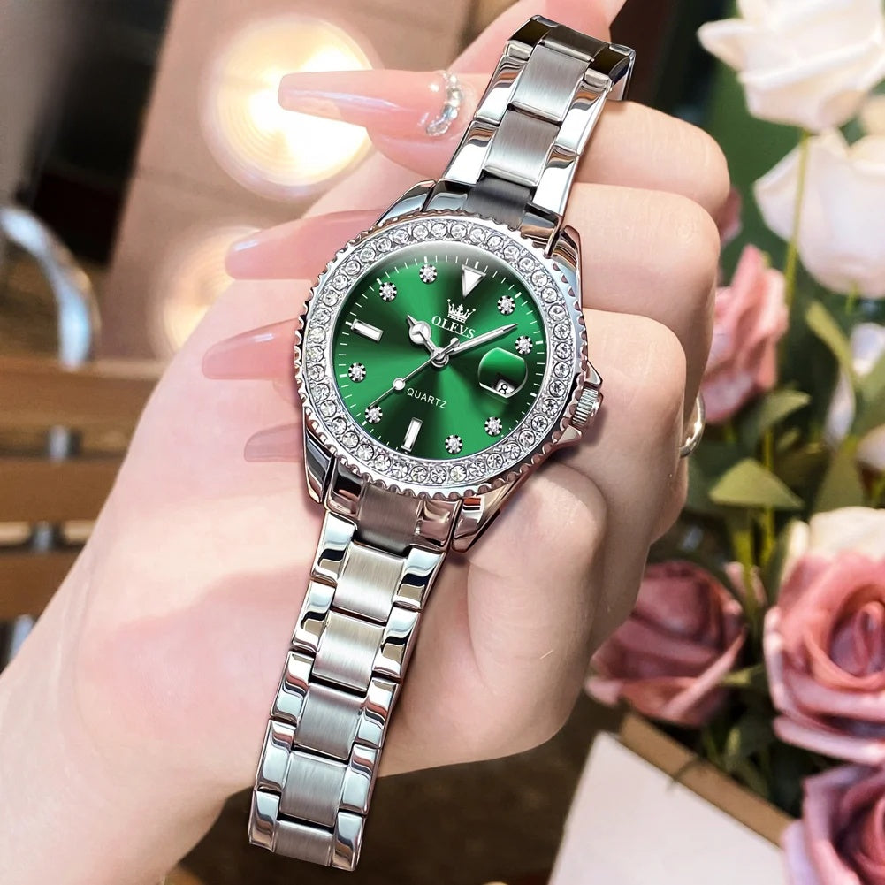 Women's Crystal Bezel Quartz Date Watch — Green dial steel bracelet watch — BandsCo Straps