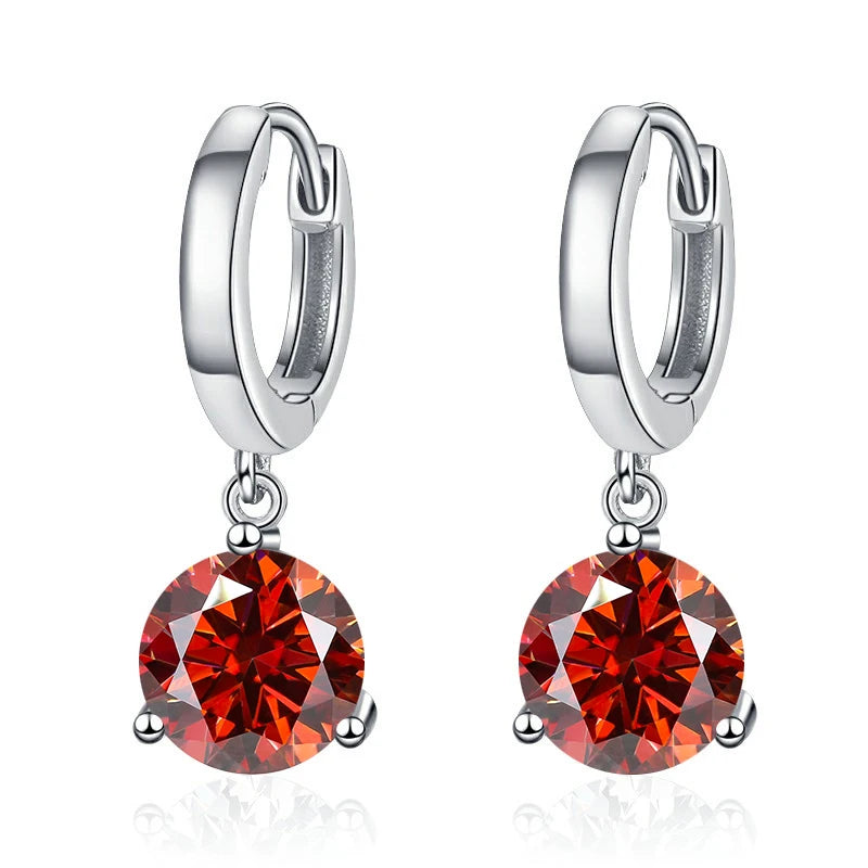 Colorful Solitaire Moissanite Hoop Drops in Sterling Silver — Red
