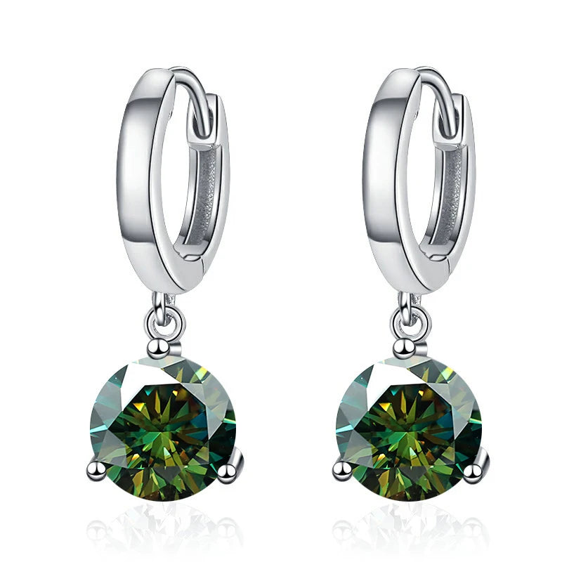 Colorful Solitaire Moissanite Hoop Drops in Sterling Silver — Dark Green