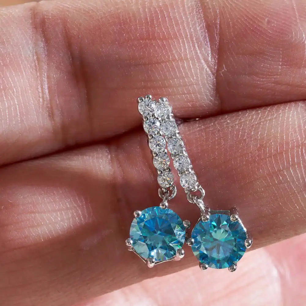 Colorful Moissanite Bar Drop Earrings in Sterling Silver — Sea Blue bar drop detail