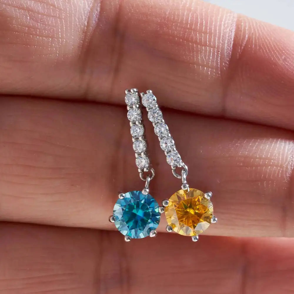 Colorful Moissanite Bar Drop Earrings in Sterling Silver — Two stone colors compared