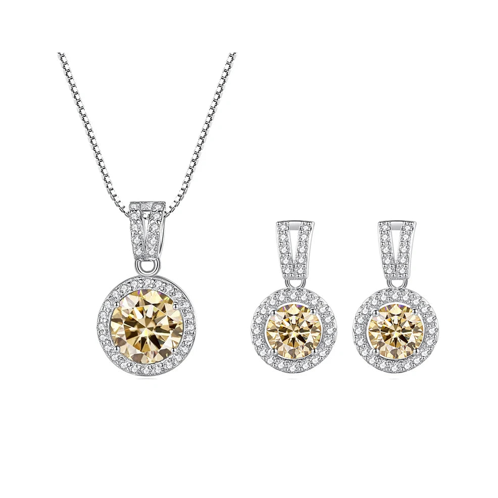 Colored Halo Moissanite Necklace & Drop Earrings Set in Silver — Light yellow set