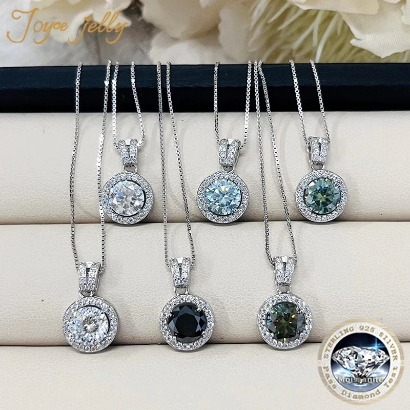 Colored Halo Moissanite Necklace & Drop Earrings Set in Silver — Neutral and green color comparison