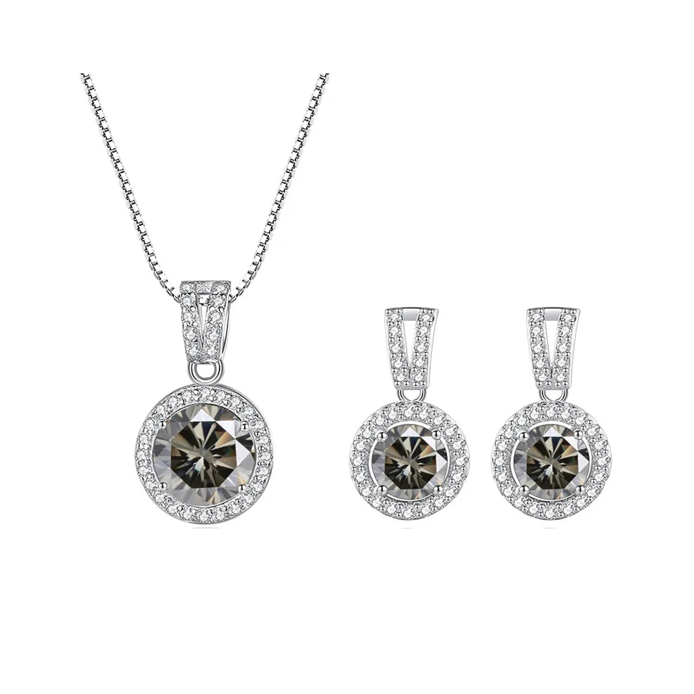 Colored Halo Moissanite Necklace & Drop Earrings Set in Silver — Gray set