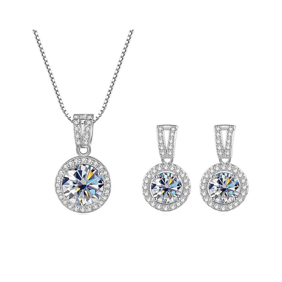 Colored Halo Moissanite Necklace & Drop Earrings Set in Silver — White set