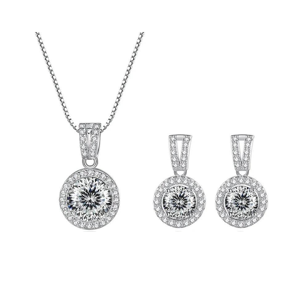 Colored Halo Moissanite Necklace & Drop Earrings Set in Silver — White cut example
