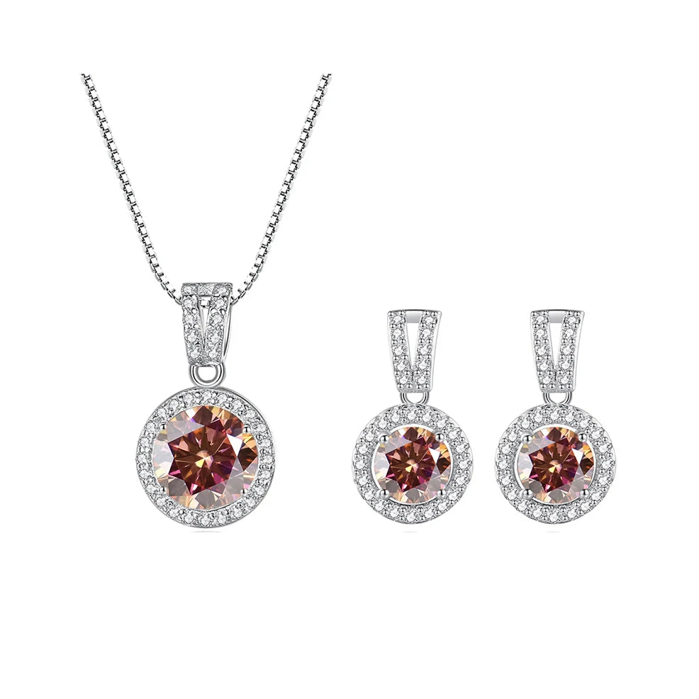 Colored Halo Moissanite Necklace & Drop Earrings Set in Silver — Orange red set