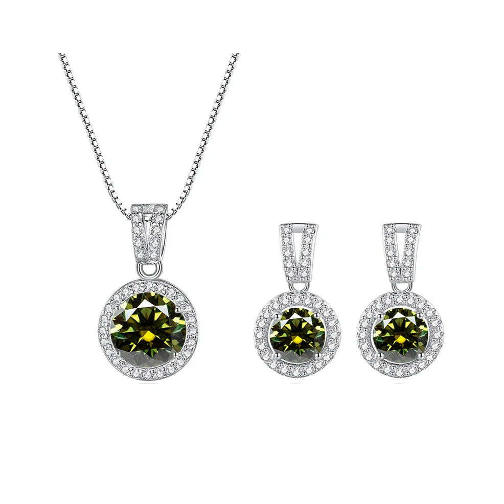 Colored Halo Moissanite Necklace & Drop Earrings Set in Silver — Yellow green set