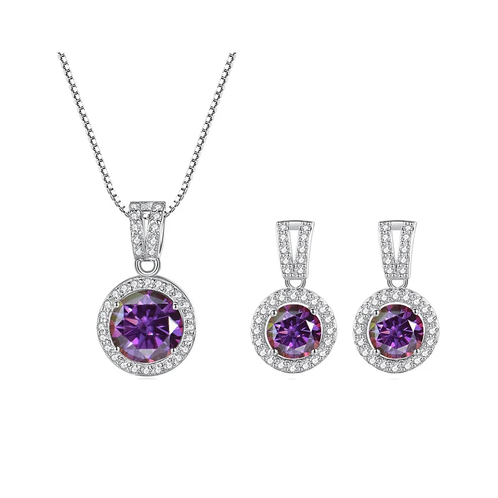 Colored Halo Moissanite Necklace & Drop Earrings Set in Silver — Purplish red set