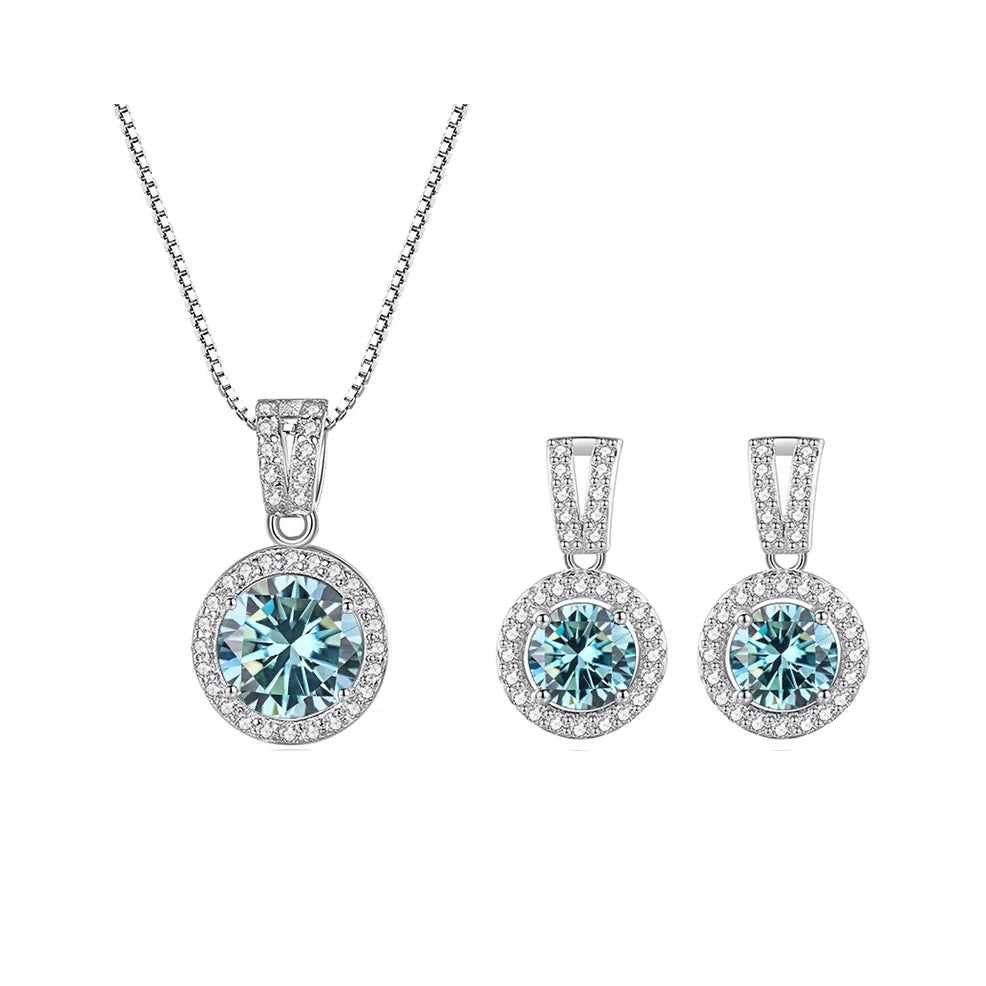 Colored Halo Moissanite Necklace & Drop Earrings Set in Silver — Blue set