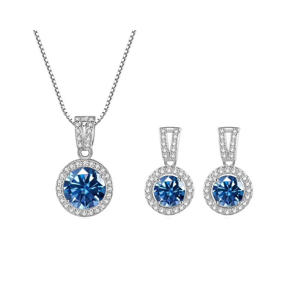 Colored Halo Moissanite Necklace & Drop Earrings Set in Silver — Royal blue set
