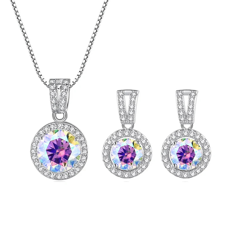 Colored Halo Moissanite Necklace & Drop Earrings Set in Silver — Multicolor set