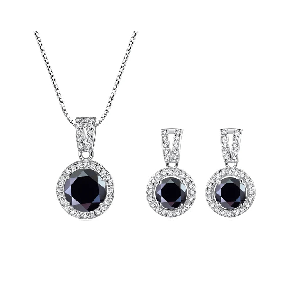 Colored Halo Moissanite Necklace & Drop Earrings Set in Silver — Black set