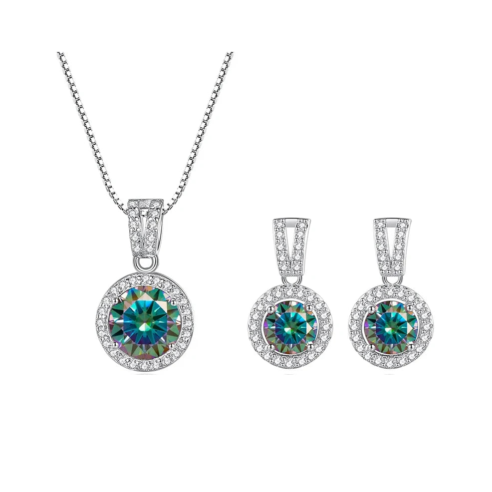 Colored Halo Moissanite Necklace & Drop Earrings Set in Silver — Multicolor set