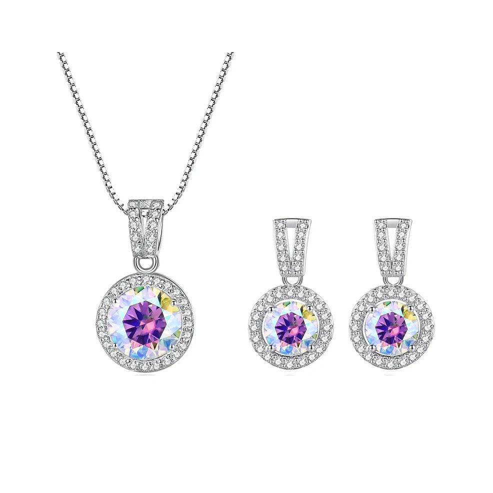 Colored Halo Moissanite Necklace & Drop Earrings Set in Silver — Multicolor set