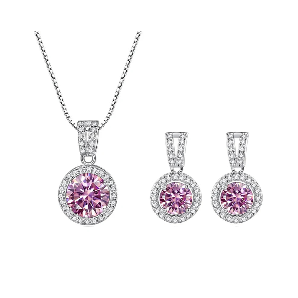 Colored Halo Moissanite Necklace & Drop Earrings Set in Silver — Pink set