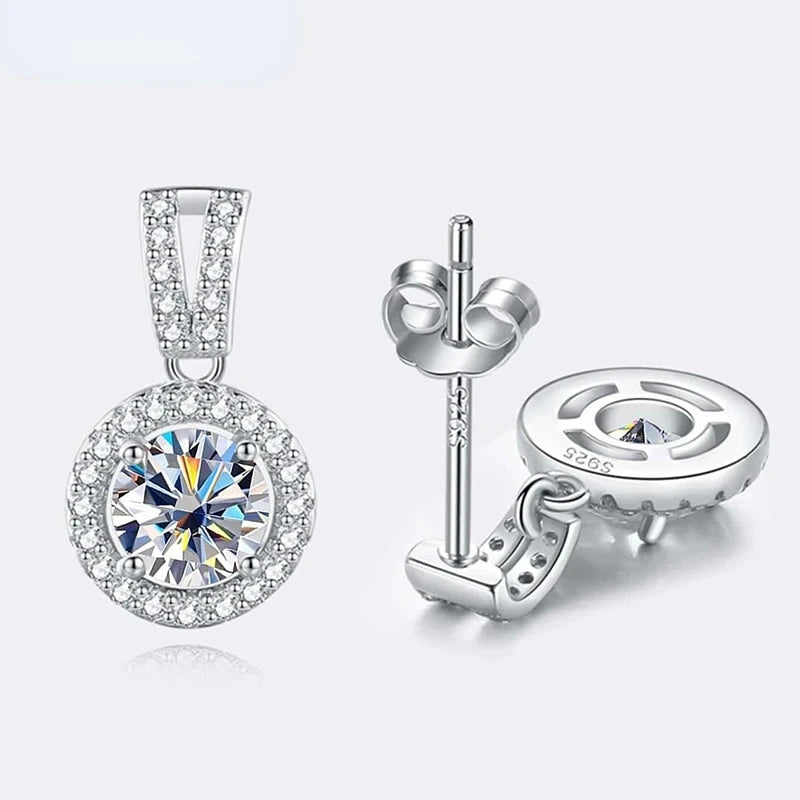 Colored Halo Moissanite Necklace & Drop Earrings Set in Silver — Earring reverse