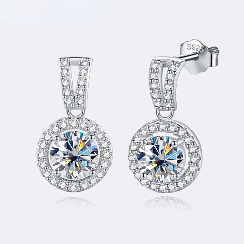 Colored Halo Moissanite Necklace & Drop Earrings Set in Silver — Post-back earrings