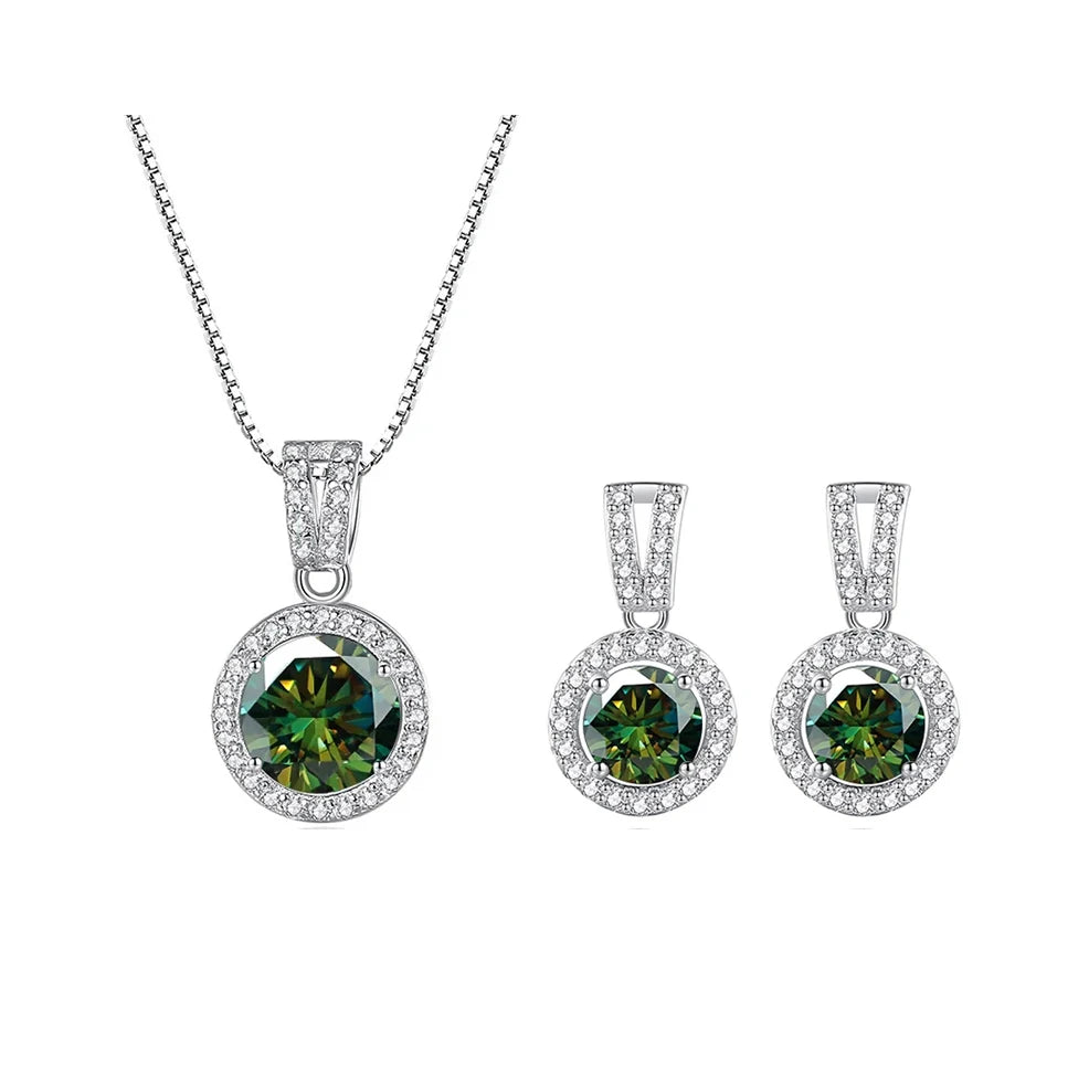 Colored Halo Moissanite Necklace & Drop Earrings Set in Silver — Dark green set