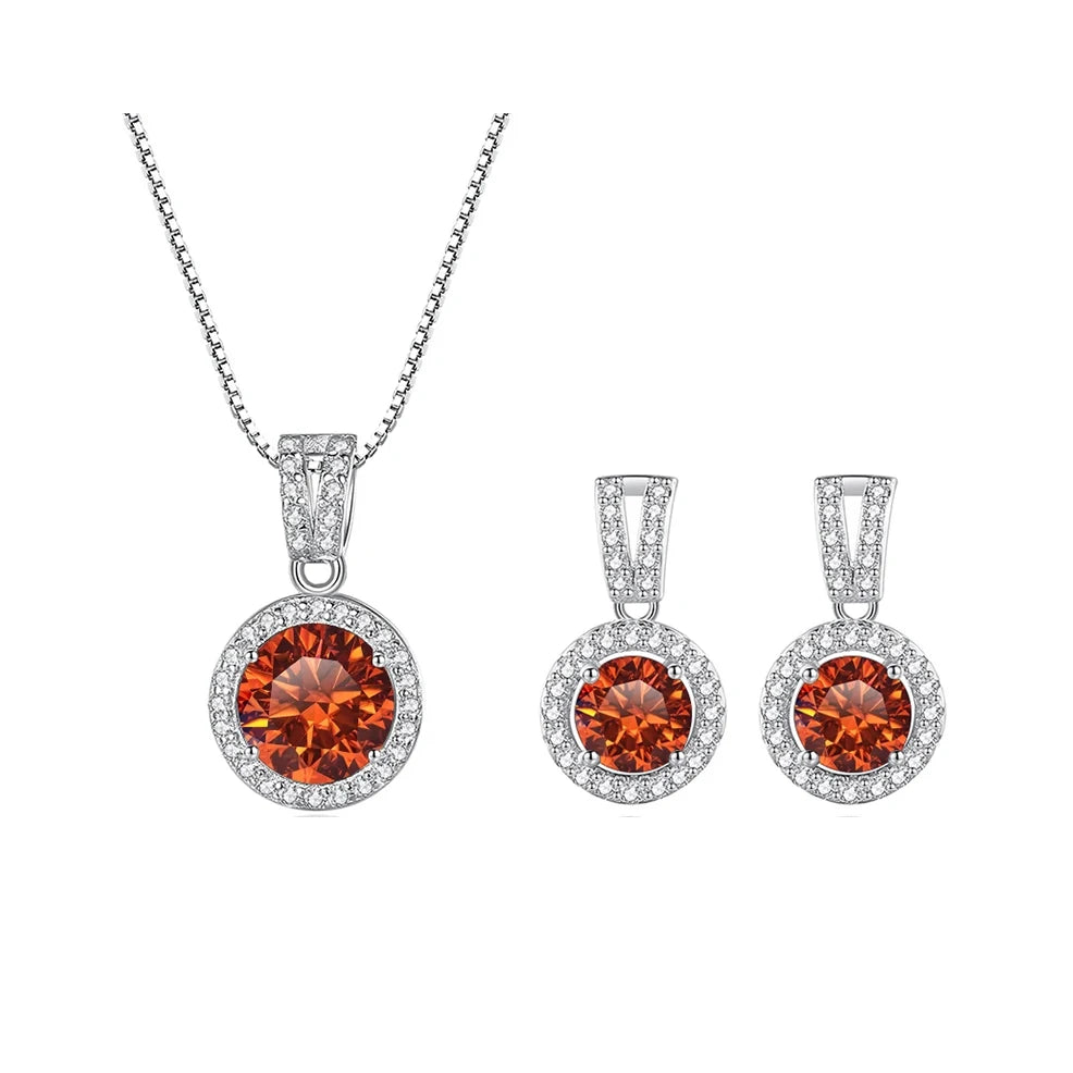 Colored Halo Moissanite Necklace & Drop Earrings Set in Silver — Orange set