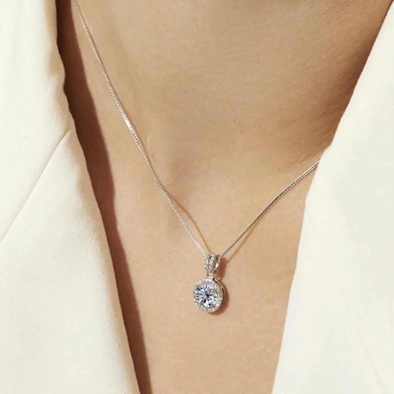 Colored Halo Moissanite Necklace & Drop Earrings Set in Silver — Necklace shown worn