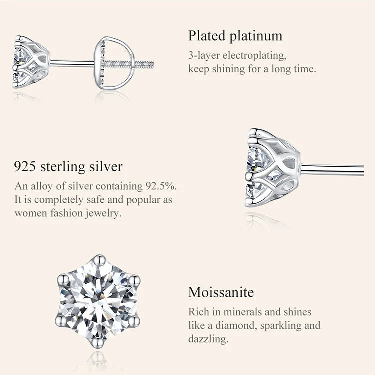 Round Moissanite Screw-Back Stud Earrings in Silver — Setting material details