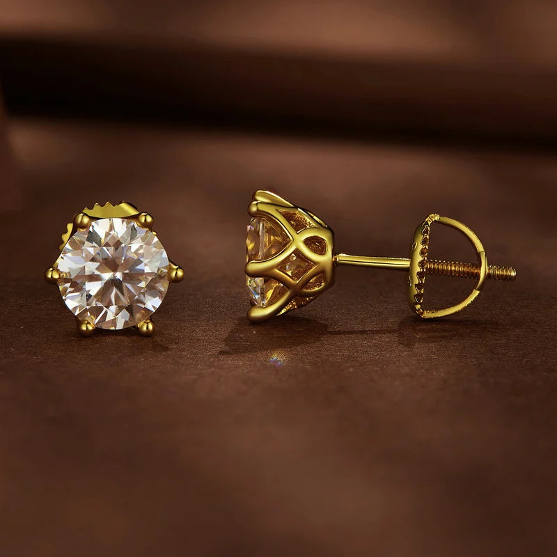 Round Moissanite Screw-Back Stud Earrings in Silver — Gold-tone front and side