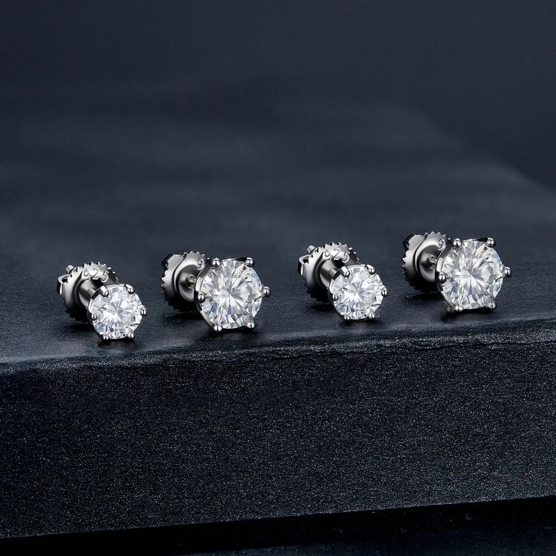 Round Moissanite Screw-Back Stud Earrings in Silver — Stud size comparison