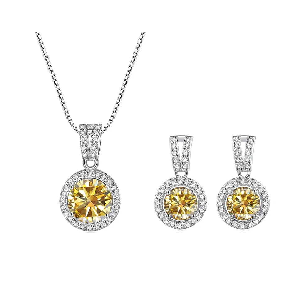 Colored Halo Moissanite Necklace & Drop Earrings Set in Silver — Golden yellow set