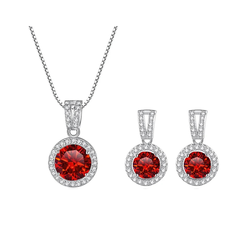 Colored Halo Moissanite Necklace & Drop Earrings Set in Silver — Red set